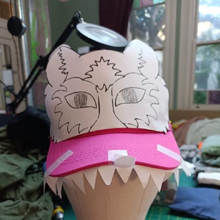 Pink cricketing hat with paper mask.